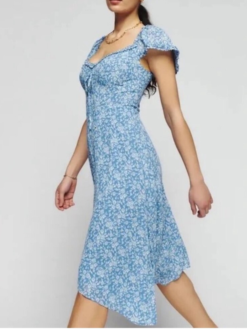 Reformation Marby Dress Blue Floral Asymmetrical Midi Puff Sleeve Size 6